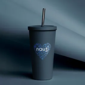 20 oz. Insulated tumbler with a straw in navy with blue fish heart and white NAUTI logo