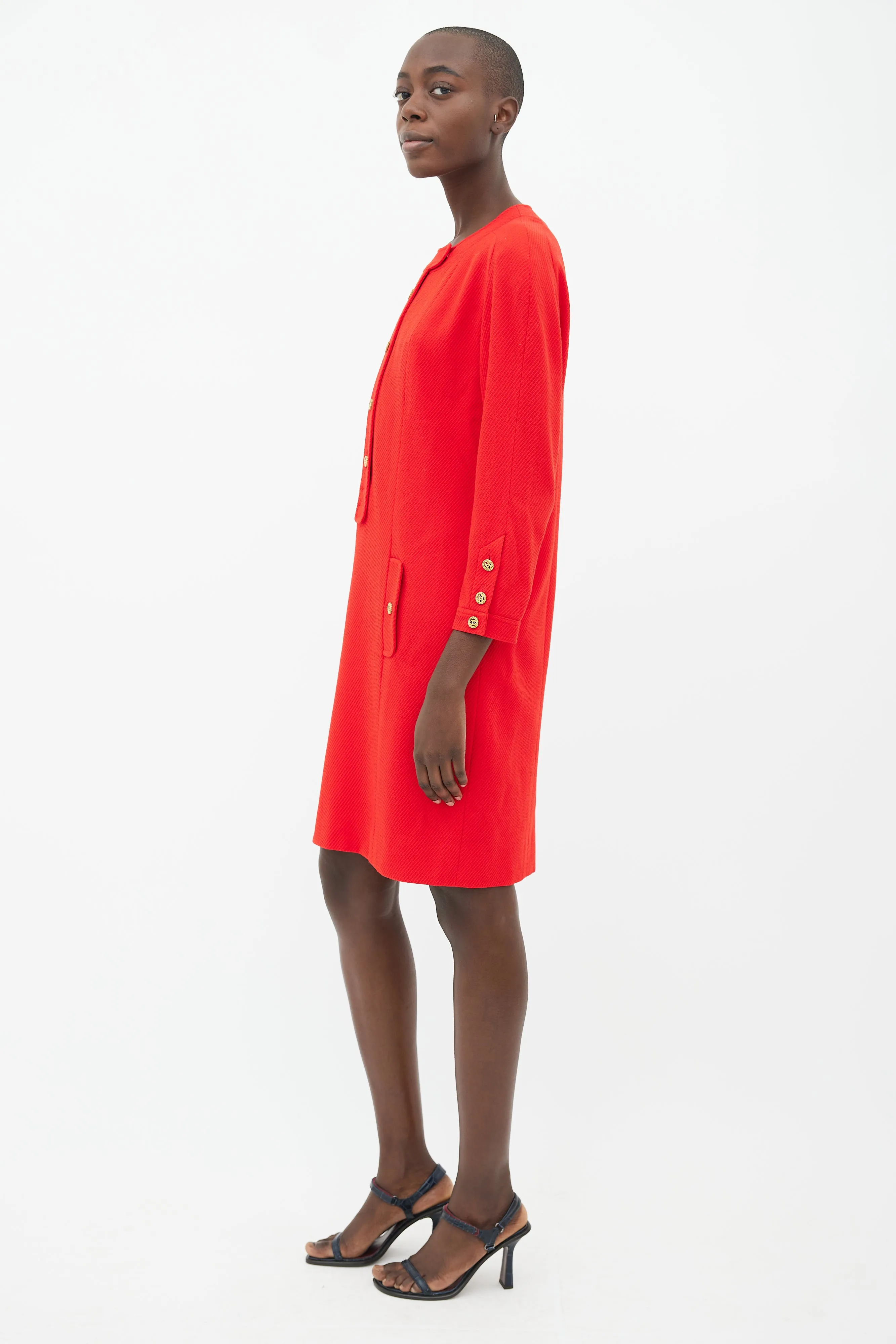 90s Red & Gold-Tone Button Wool Dress