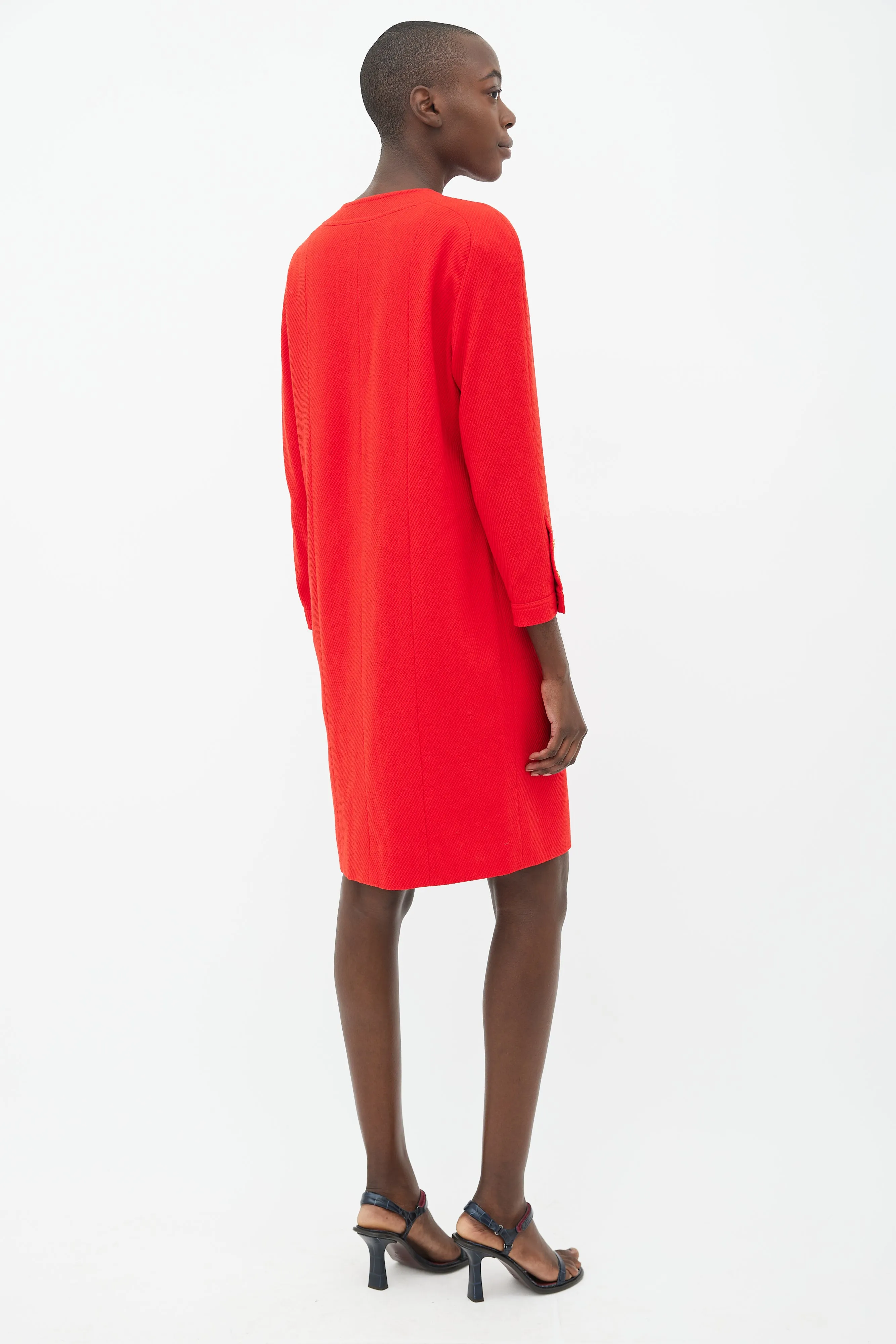 90s Red & Gold-Tone Button Wool Dress