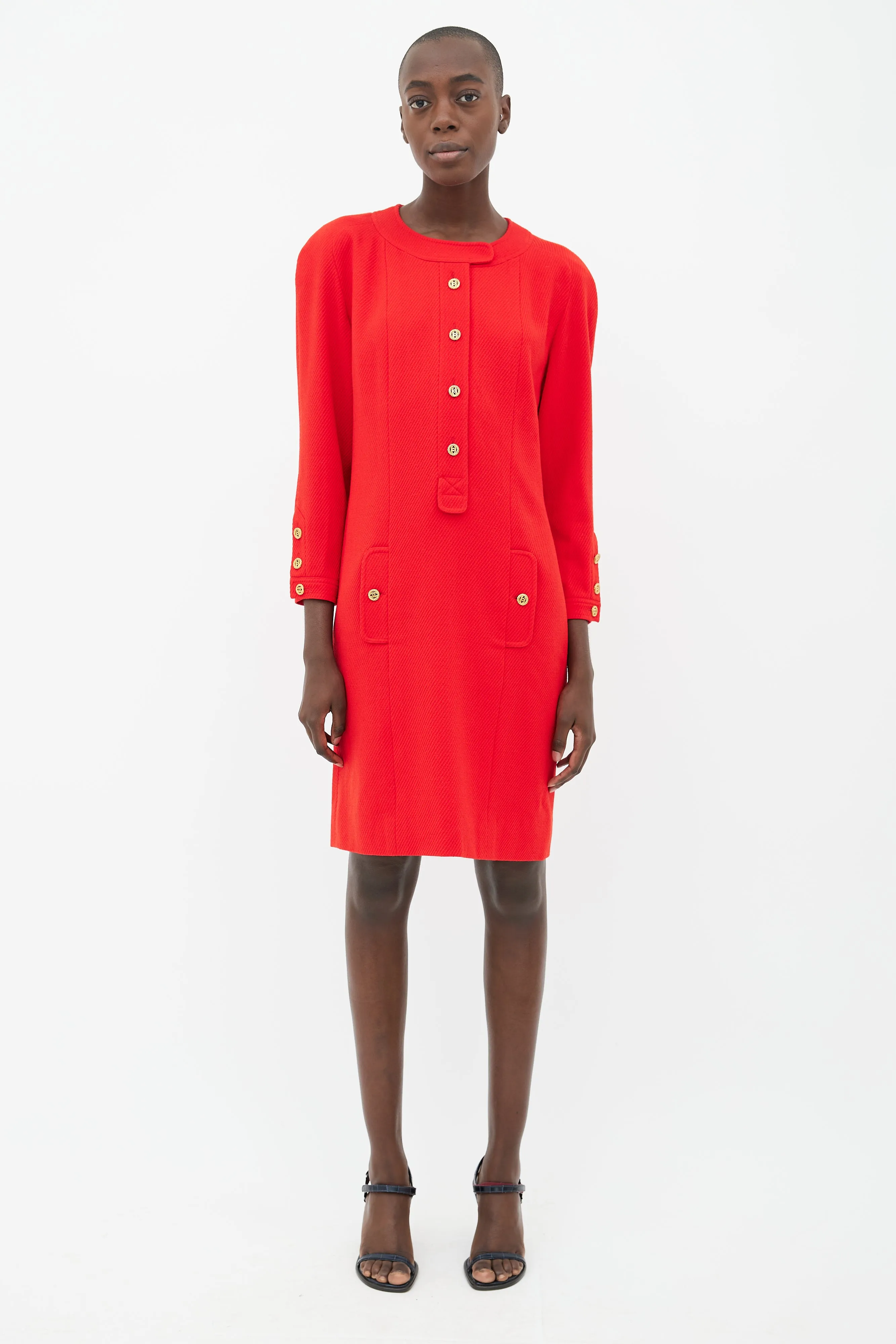 90s Red & Gold-Tone Button Wool Dress