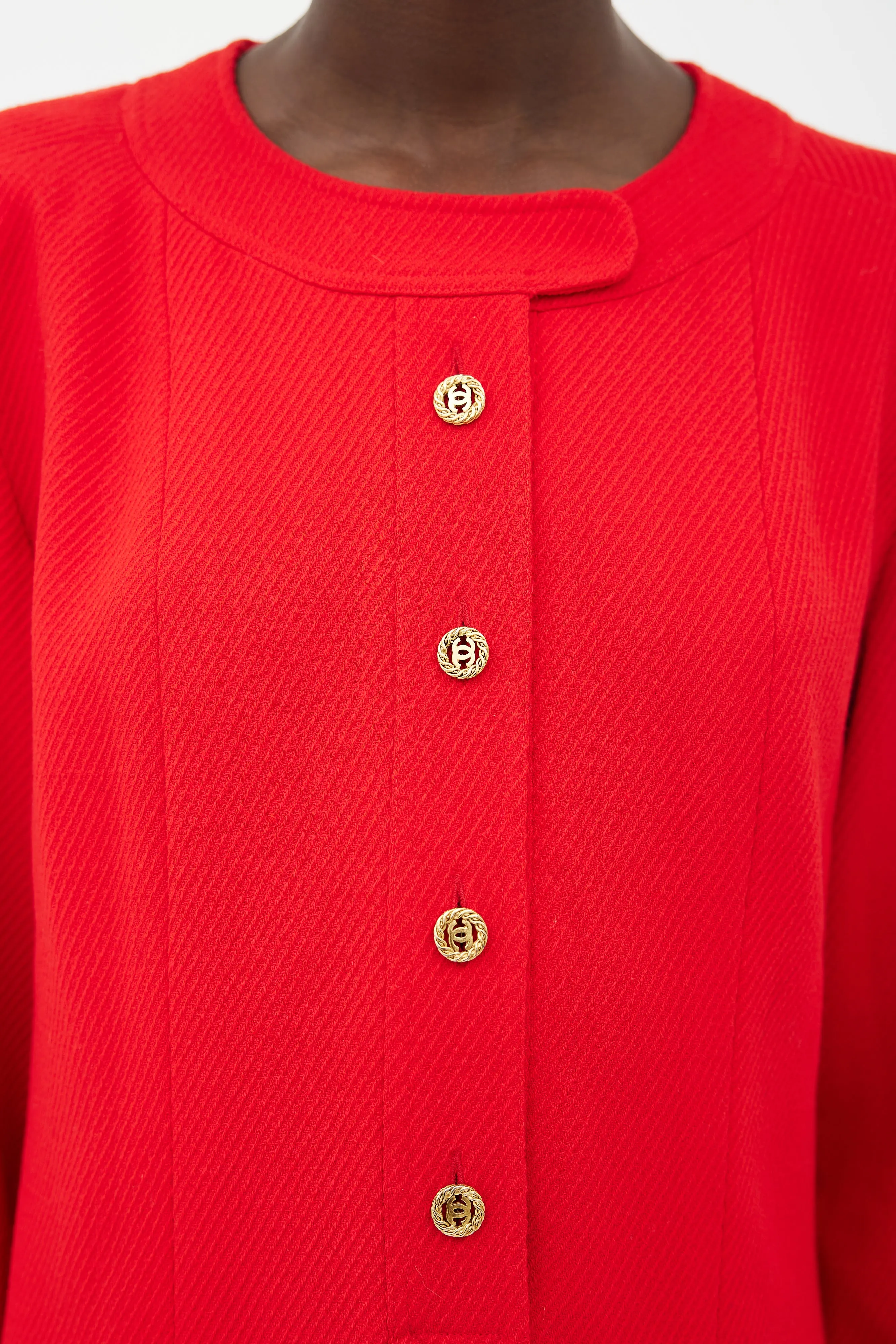 90s Red & Gold-Tone Button Wool Dress