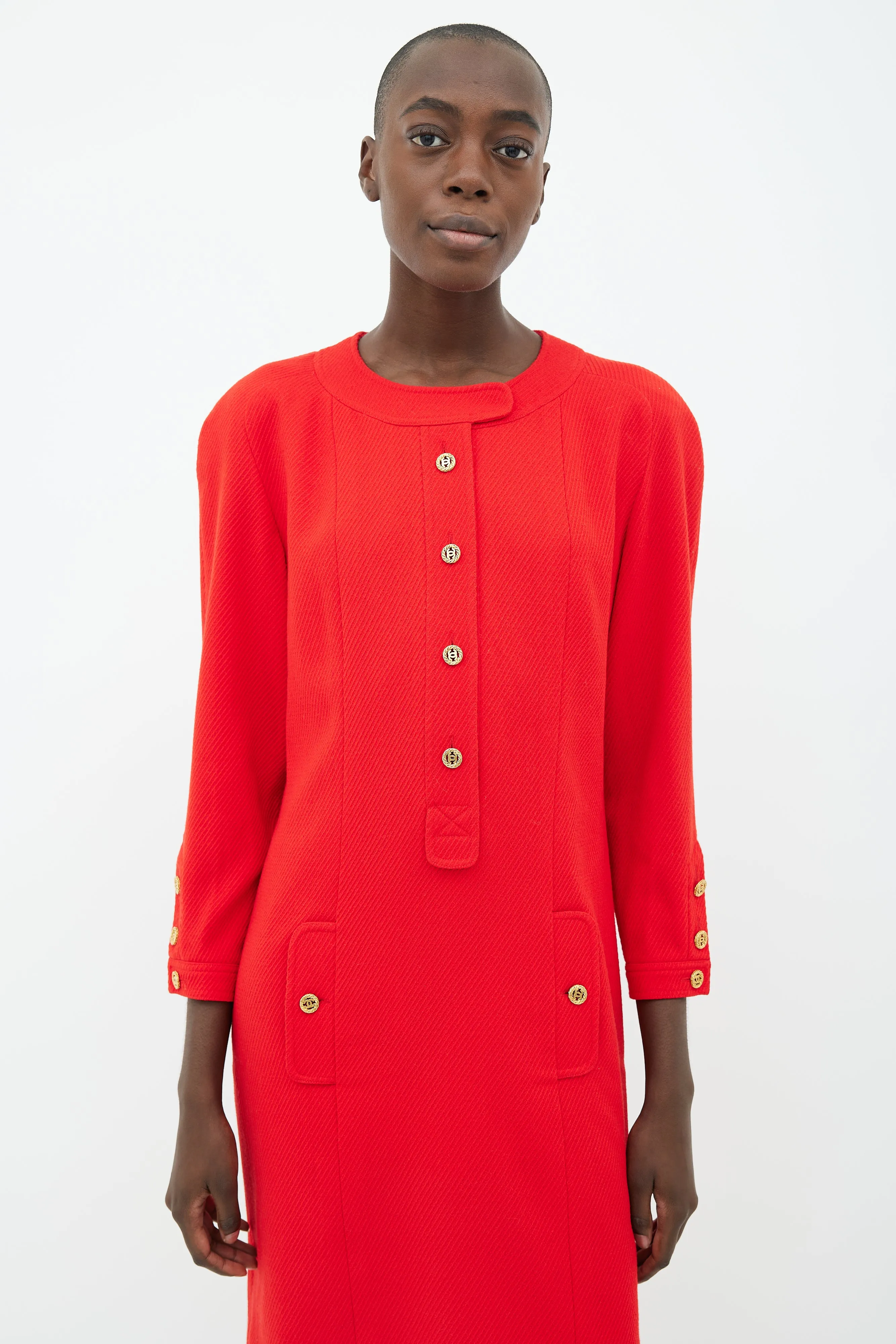 90s Red & Gold-Tone Button Wool Dress