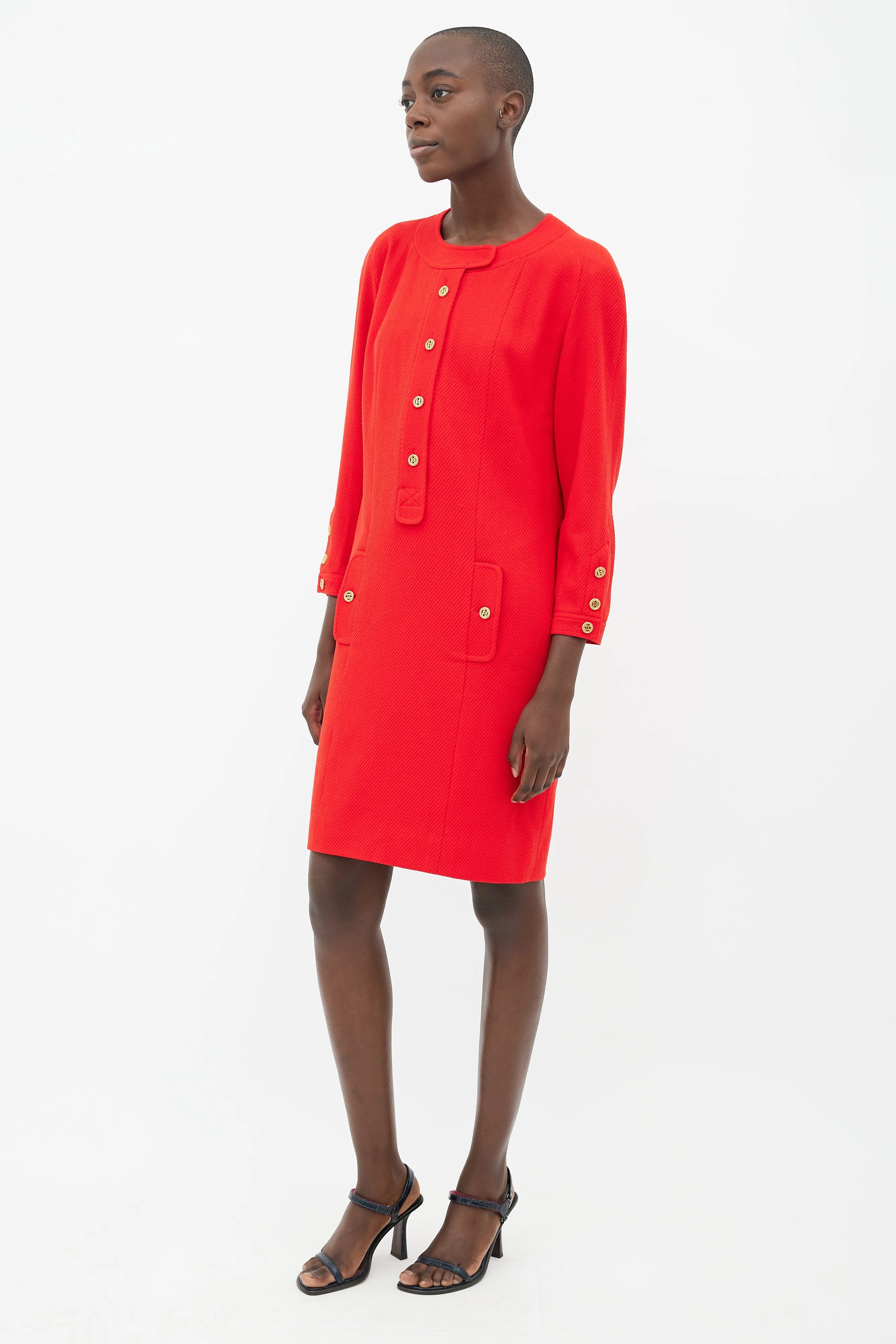 90s Red & Gold-Tone Button Wool Dress