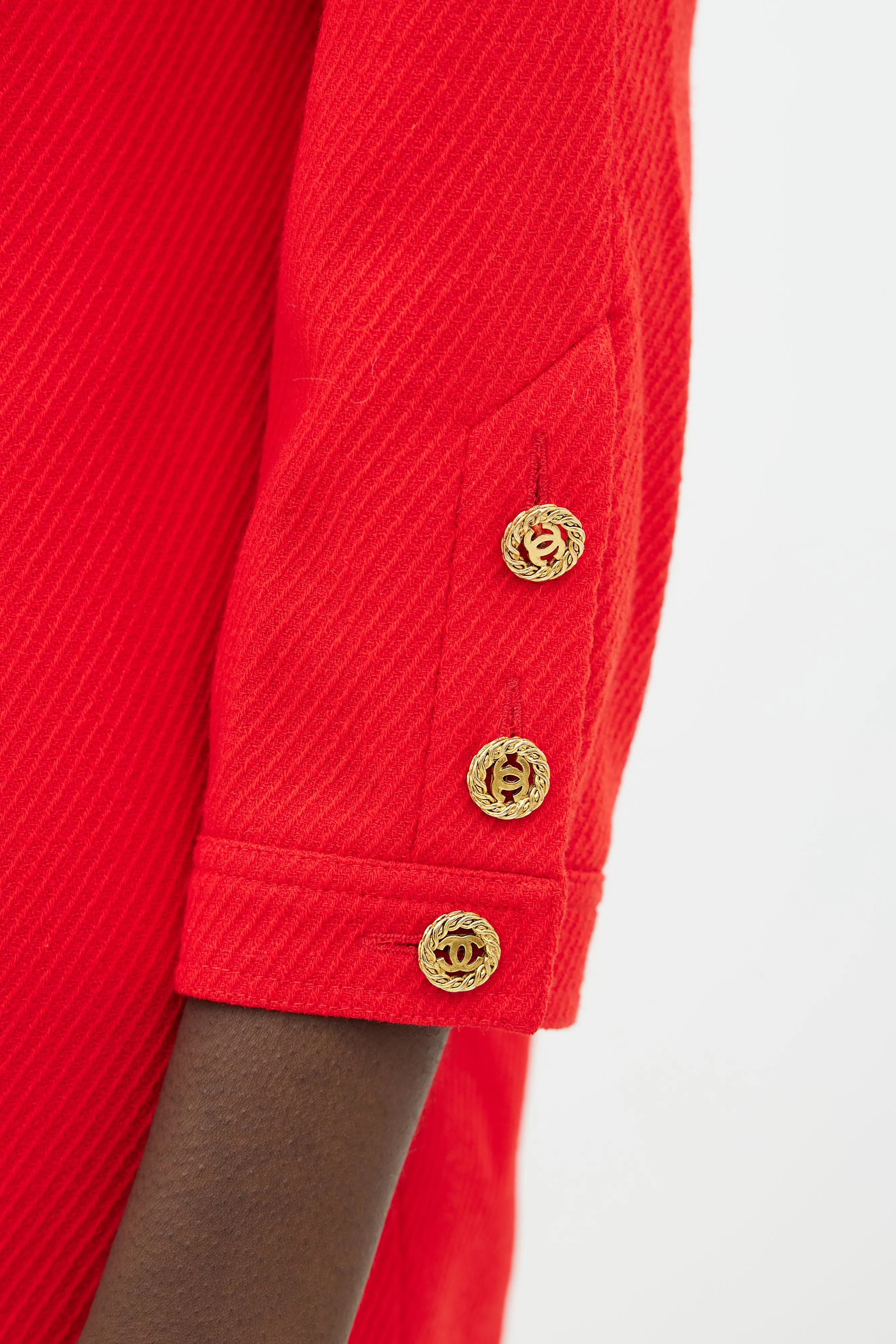 90s Red & Gold-Tone Button Wool Dress