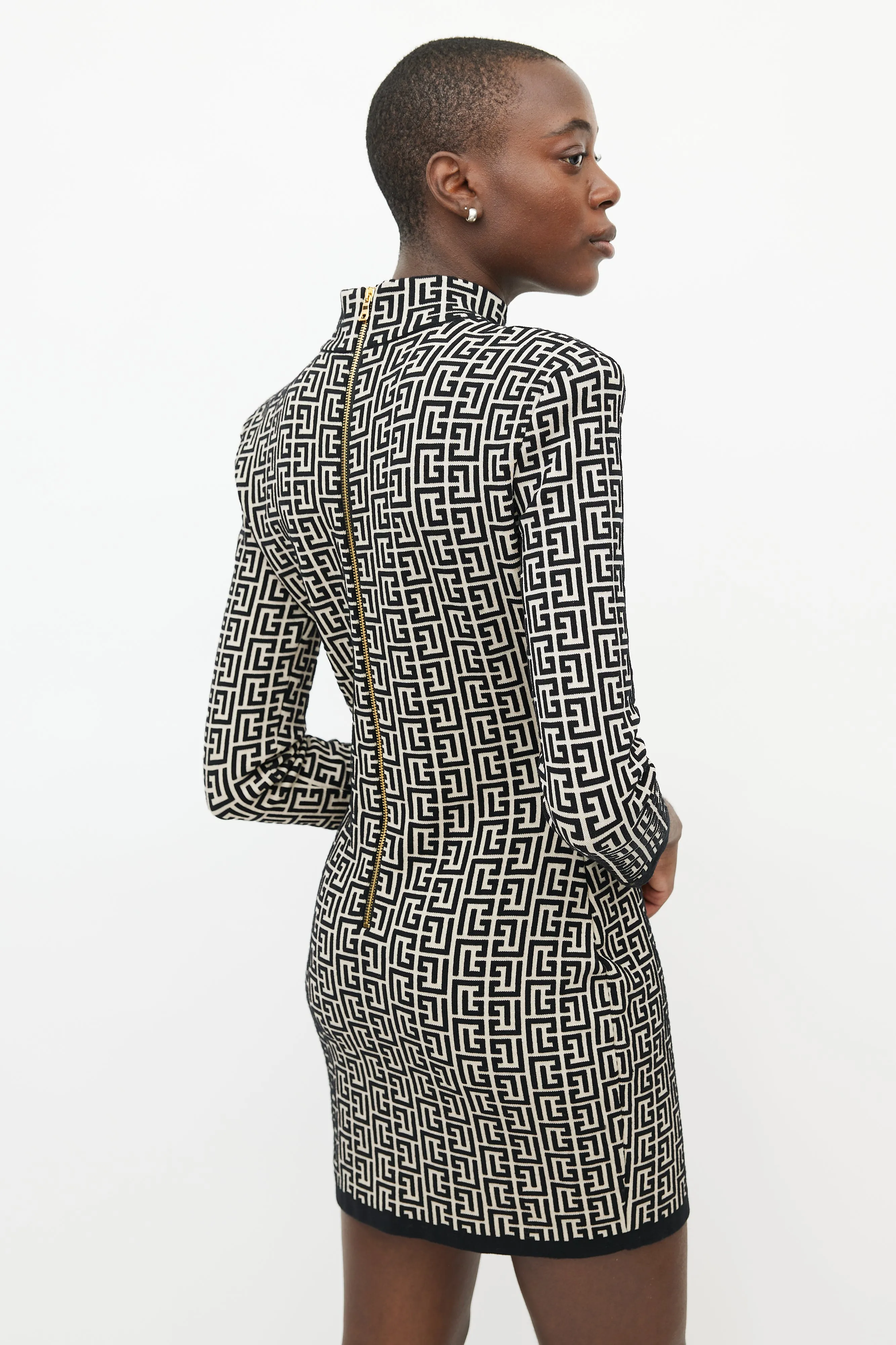 Beige & Black Wool Monogram Dress
