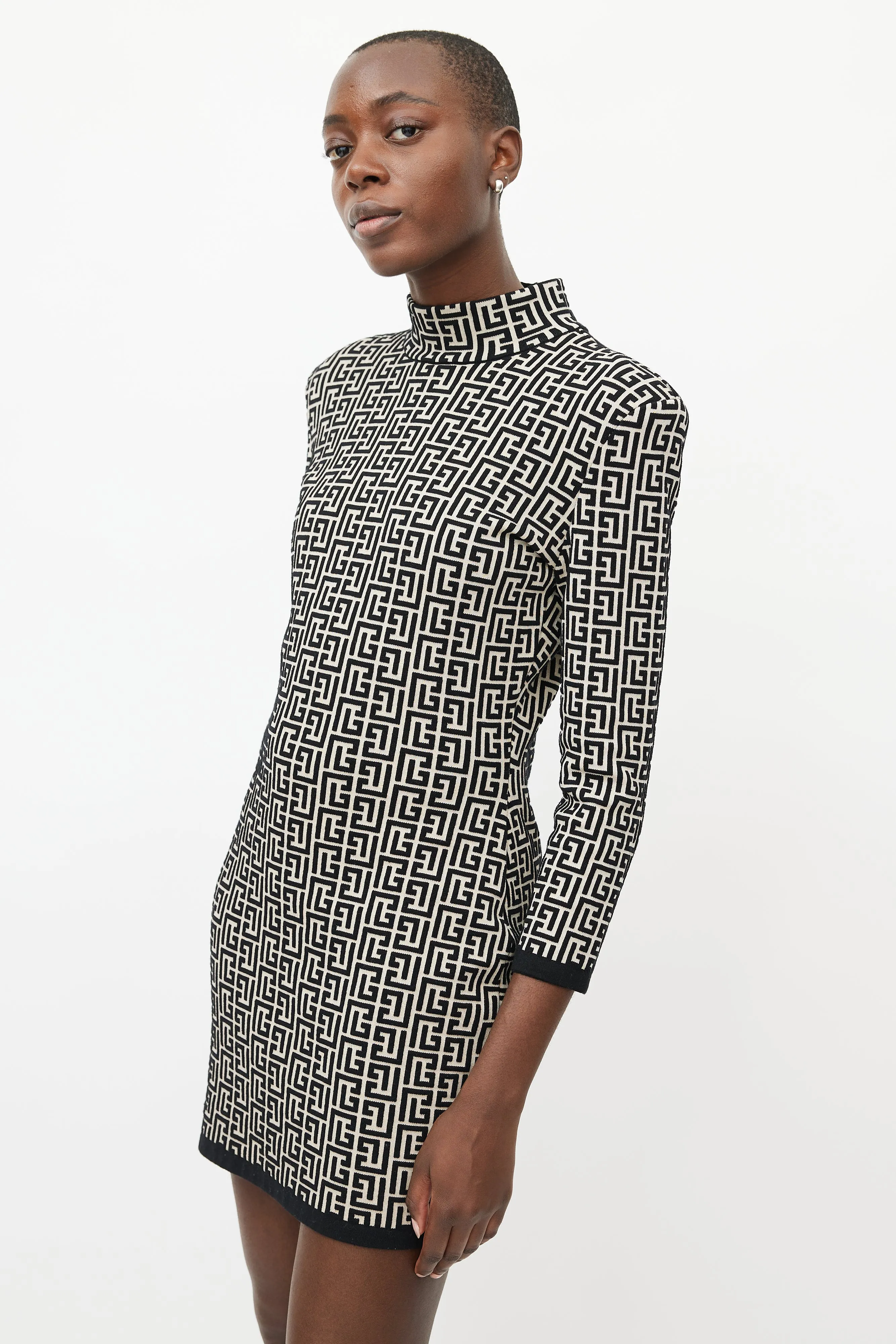 Beige & Black Wool Monogram Dress