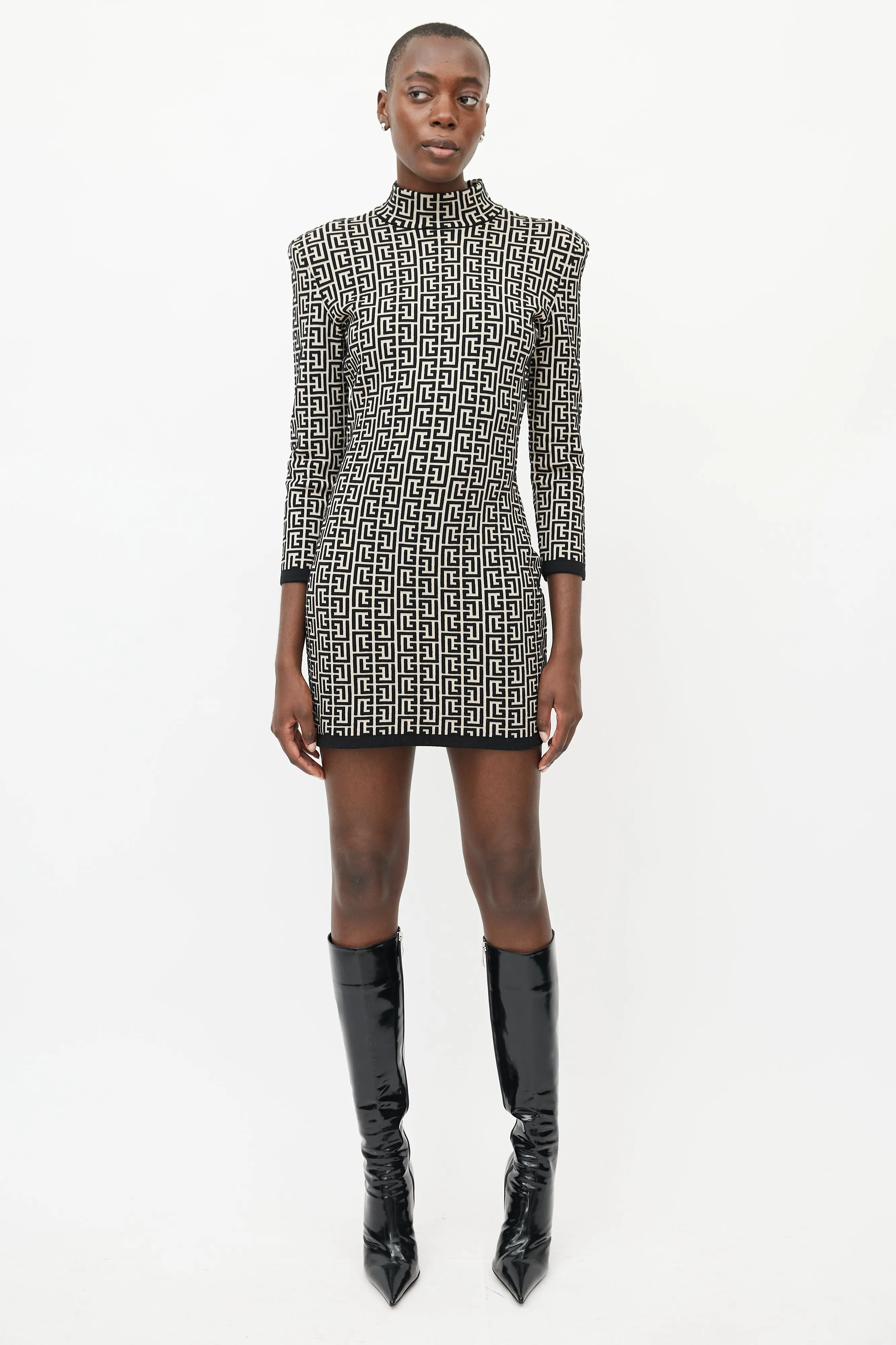 Beige & Black Wool Monogram Dress