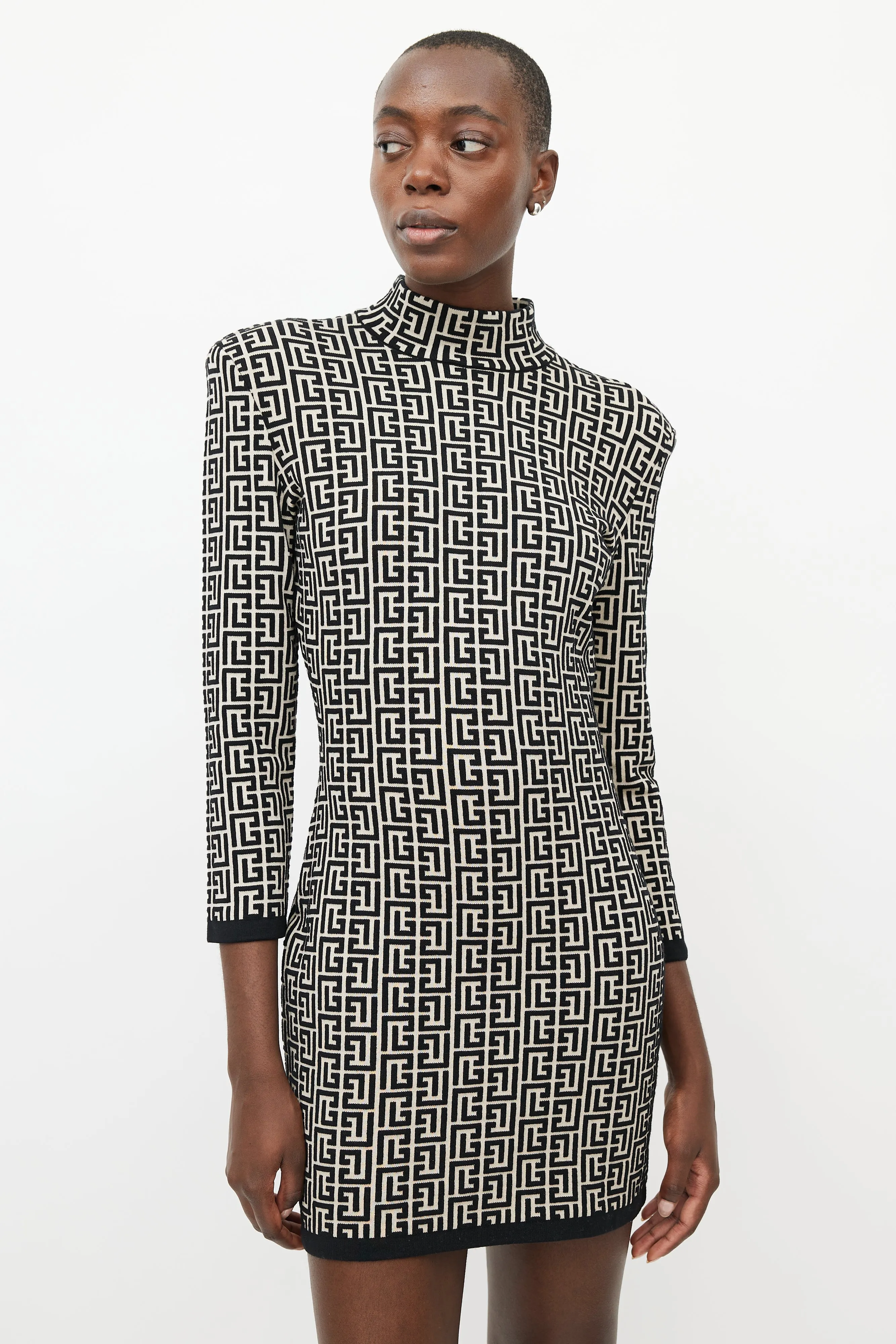 Beige & Black Wool Monogram Dress