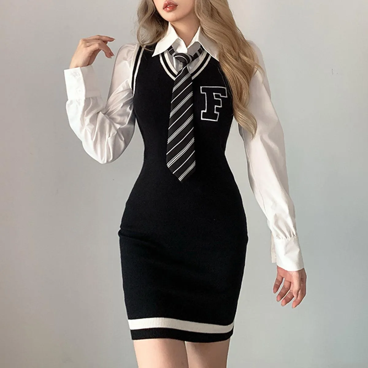 F Letter College Style Knit Dress