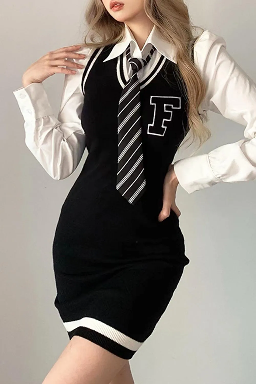 F Letter College Style Knit Dress