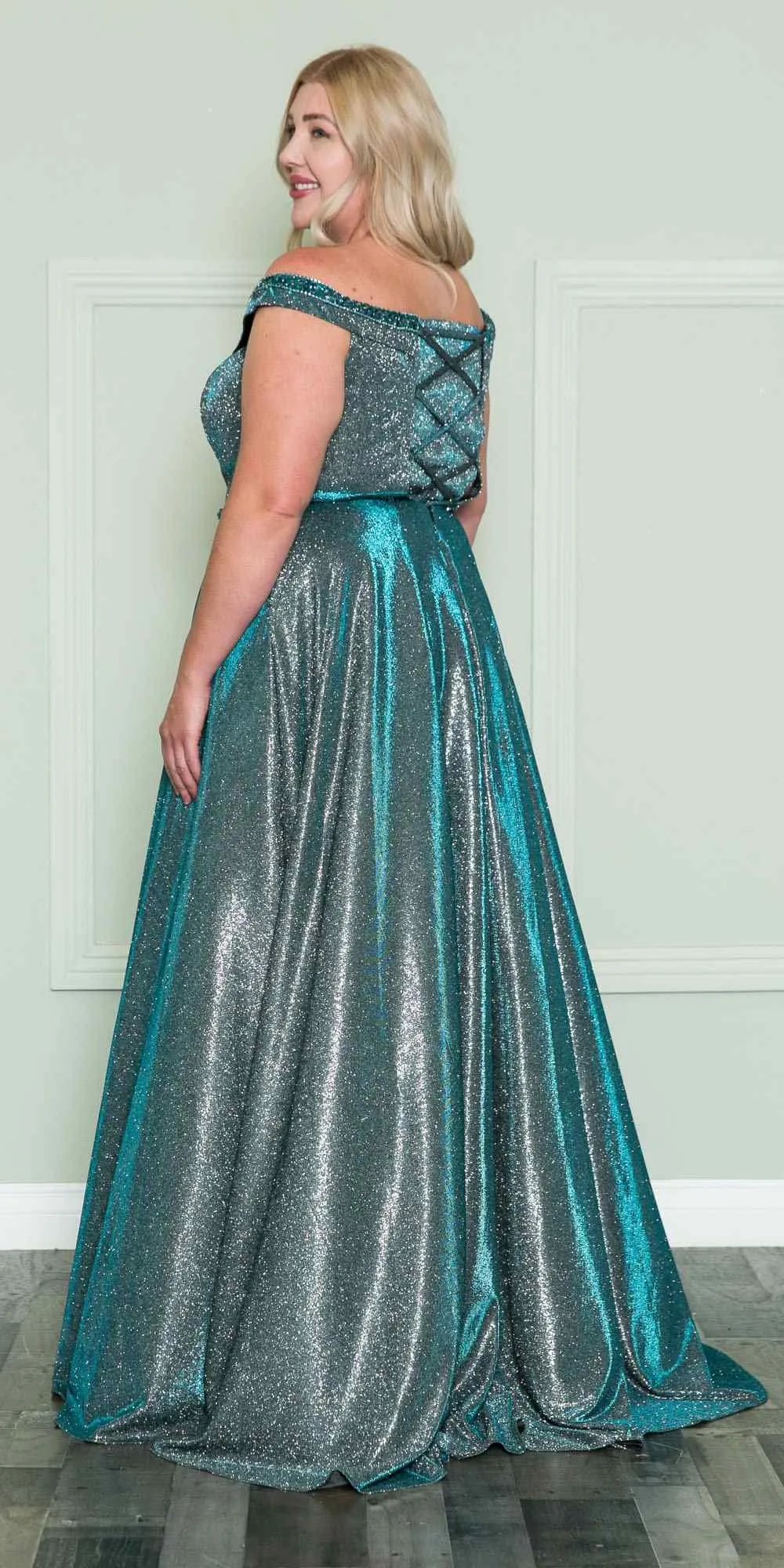 Lindas W1096 Off the Shoulder Glitter Knit A-Line Gown with Pockets