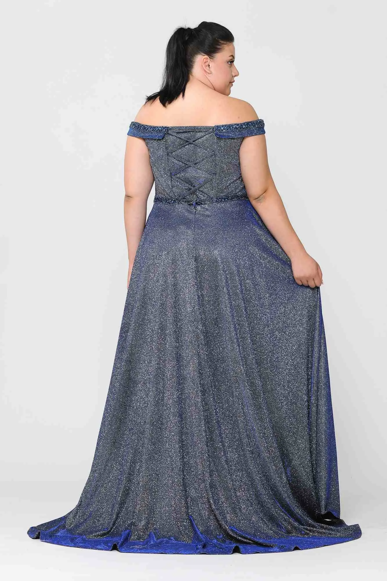 Lindas W1096 Off the Shoulder Glitter Knit A-Line Gown with Pockets