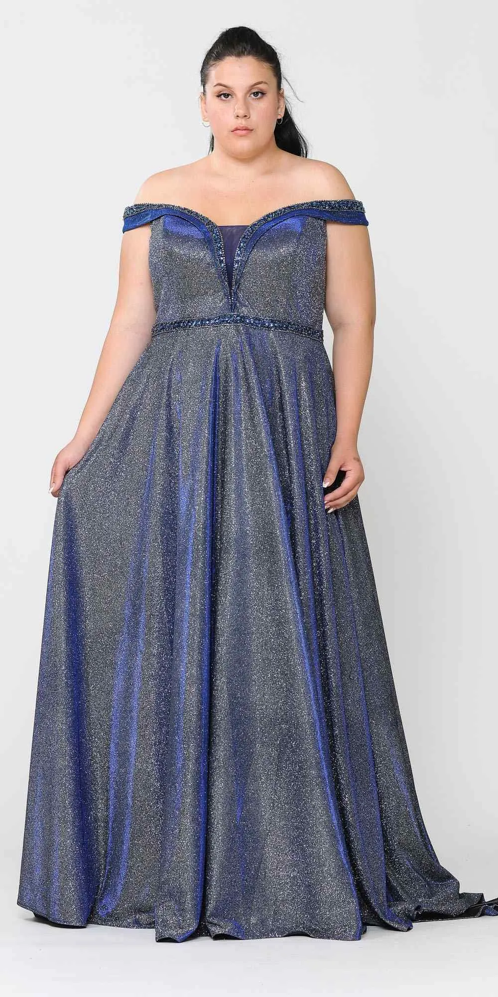 Lindas W1096 Off the Shoulder Glitter Knit A-Line Gown with Pockets