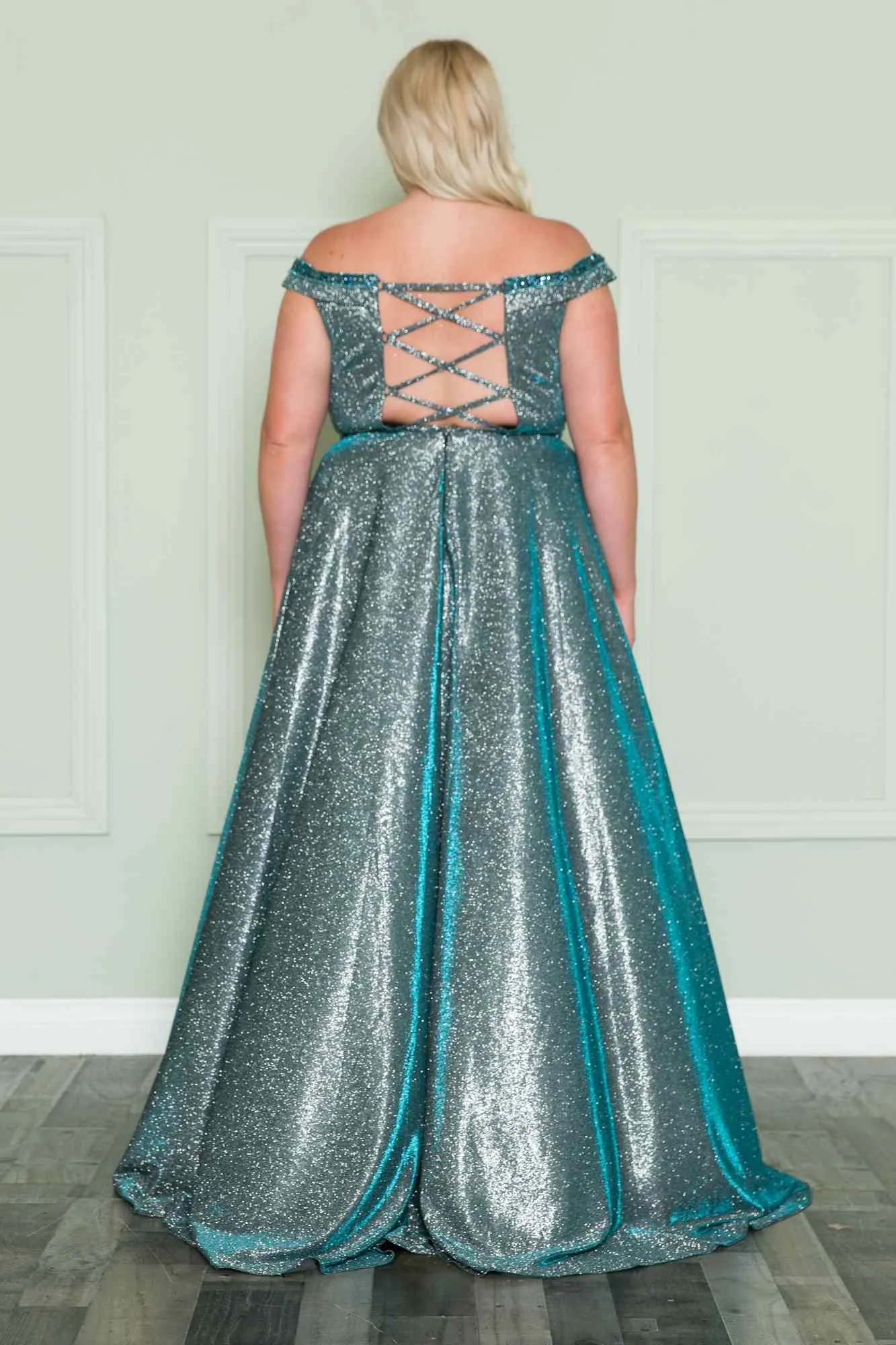 Lindas W1096 Off the Shoulder Glitter Knit A-Line Gown with Pockets
