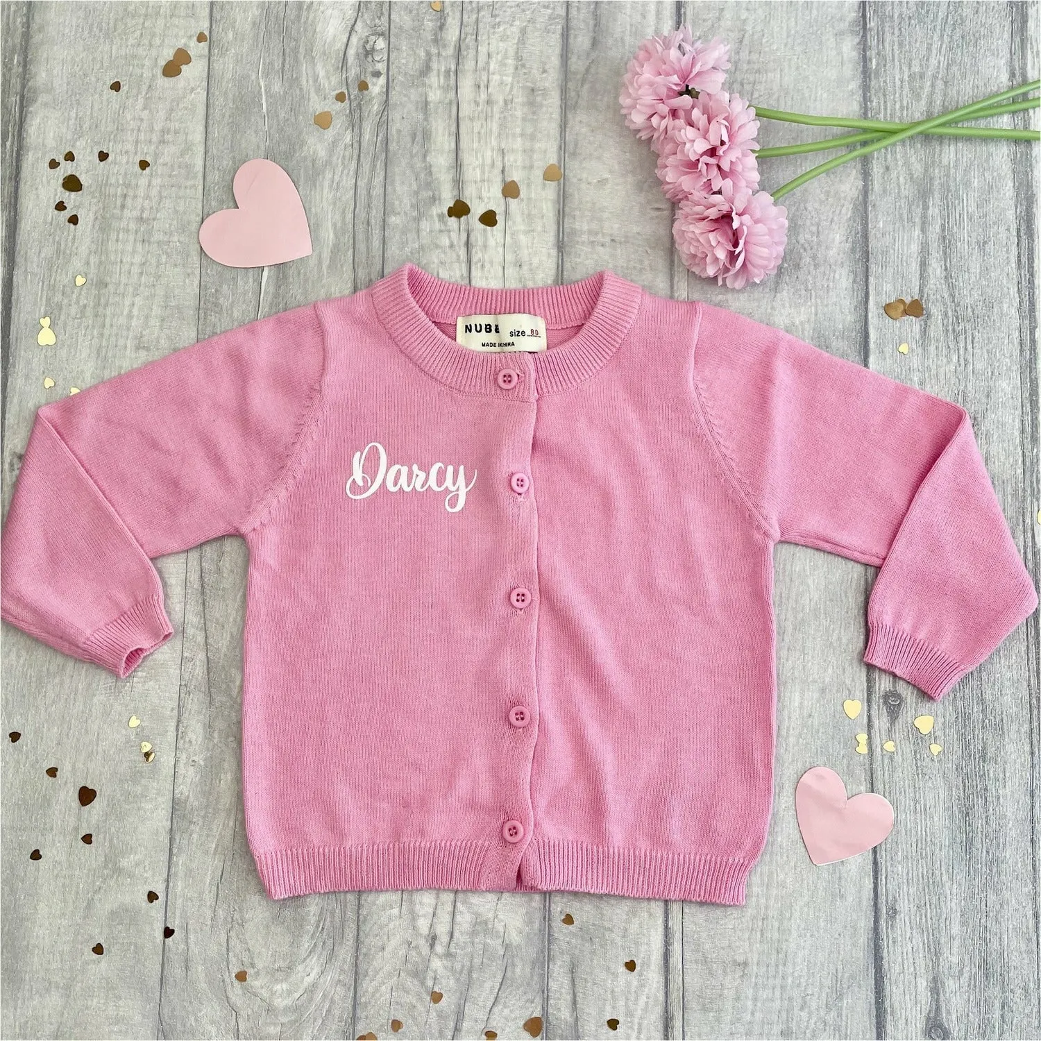 Personalised Pink Baby Girl Cotton Cardigan, White Glitter Text