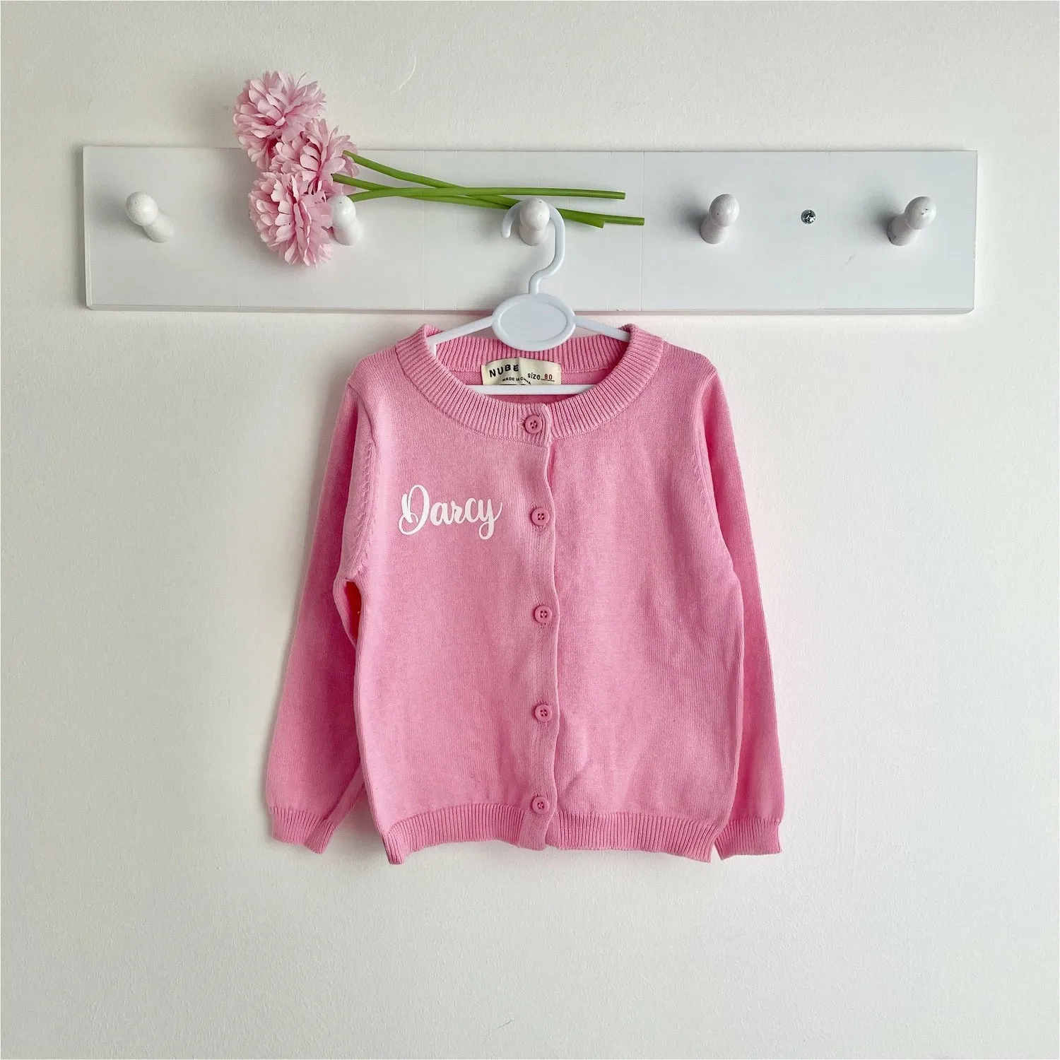 Personalised Pink Baby Girl Cotton Cardigan, White Glitter Text
