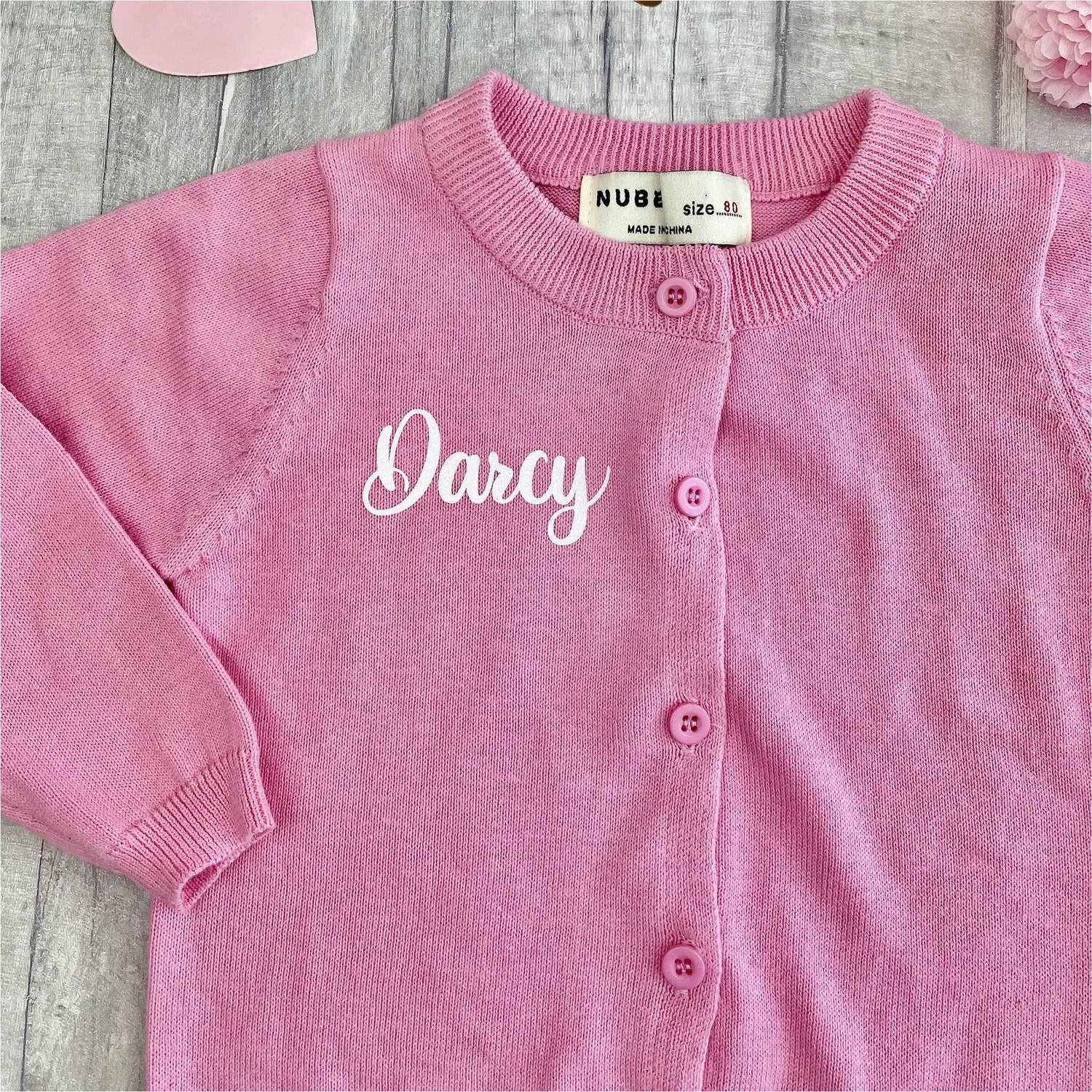Personalised Pink Baby Girl Cotton Cardigan, White Glitter Text
